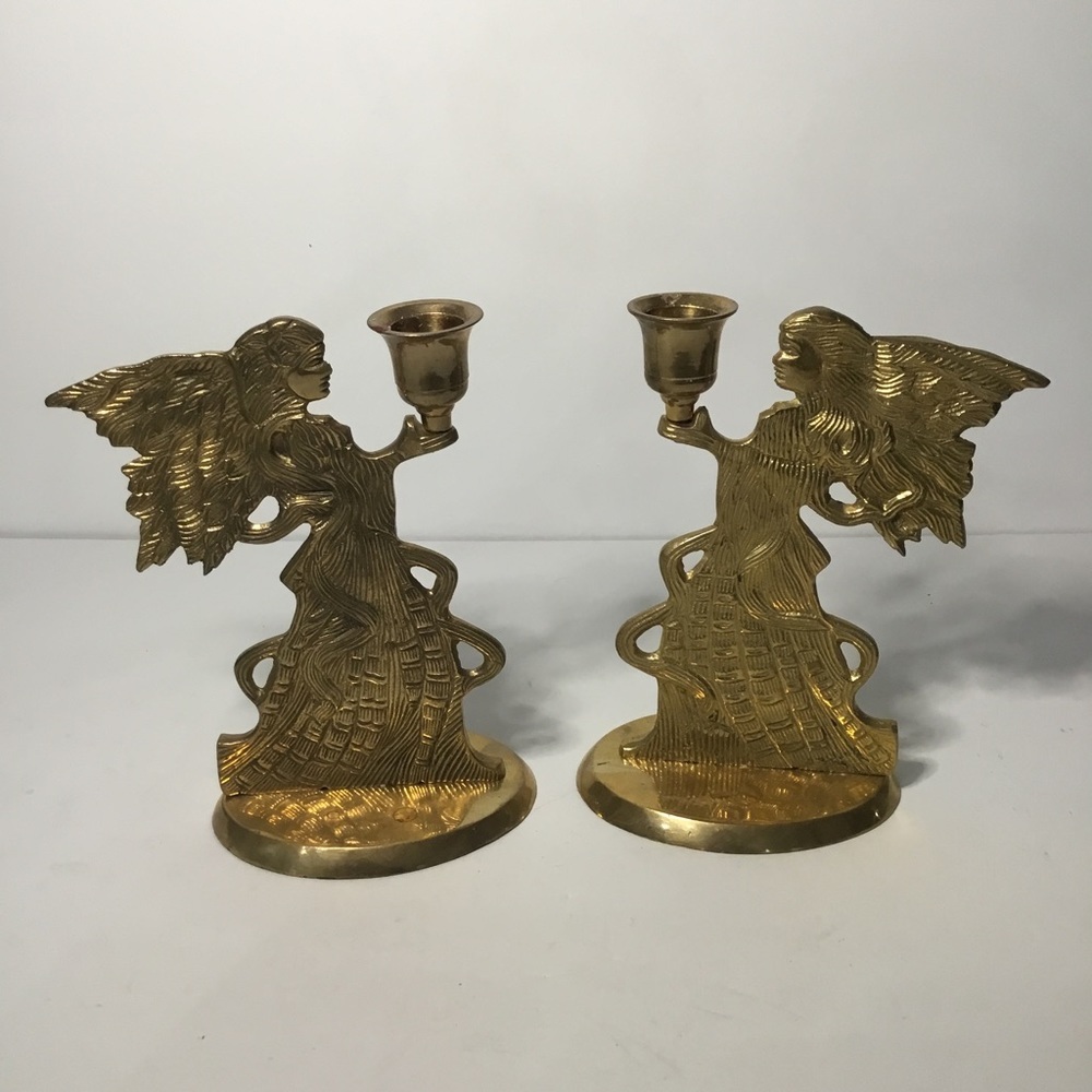 Pair Of Vintage Long-Haired Maiden Brass Taper Candleholders Made In India